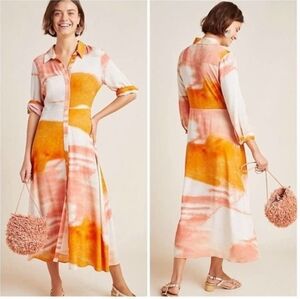 Anthropologie Dolan Cora Button-Down Orange Pink Midi Dress Size 6P